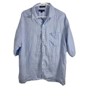Grant Thomas‎ Men's Blue 100% Pure Linen Short Sleeve Button Up Shirt Size Large